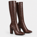 Women's dark brown knee-high boots with side zipper, pointed toes, and block heels