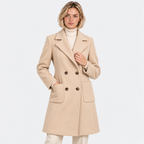 Women's beige double-breasted long coat with notched lapels and front pockets