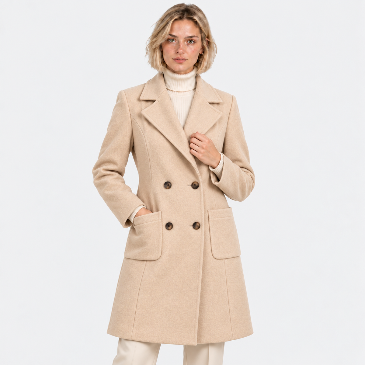 Women's beige double-breasted long coat with notched lapels and front pockets