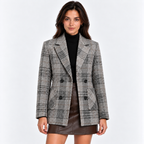 Women's light gray plaid blazer with notched lapels and double-breasted buttons