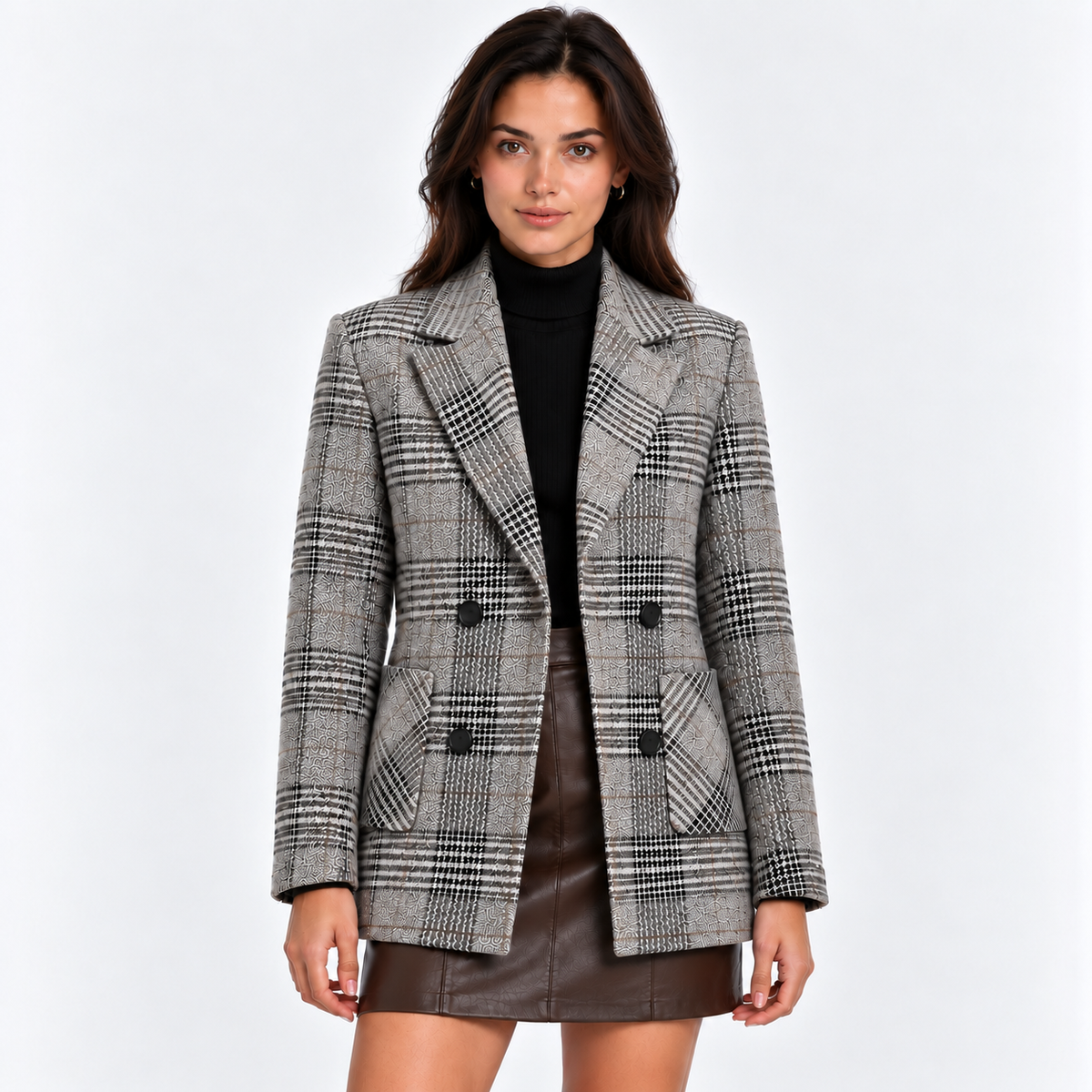 Women's light gray plaid blazer with notched lapels and double-breasted buttons