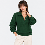 Women's dark green knit polo sweater with collared neckline and button placket