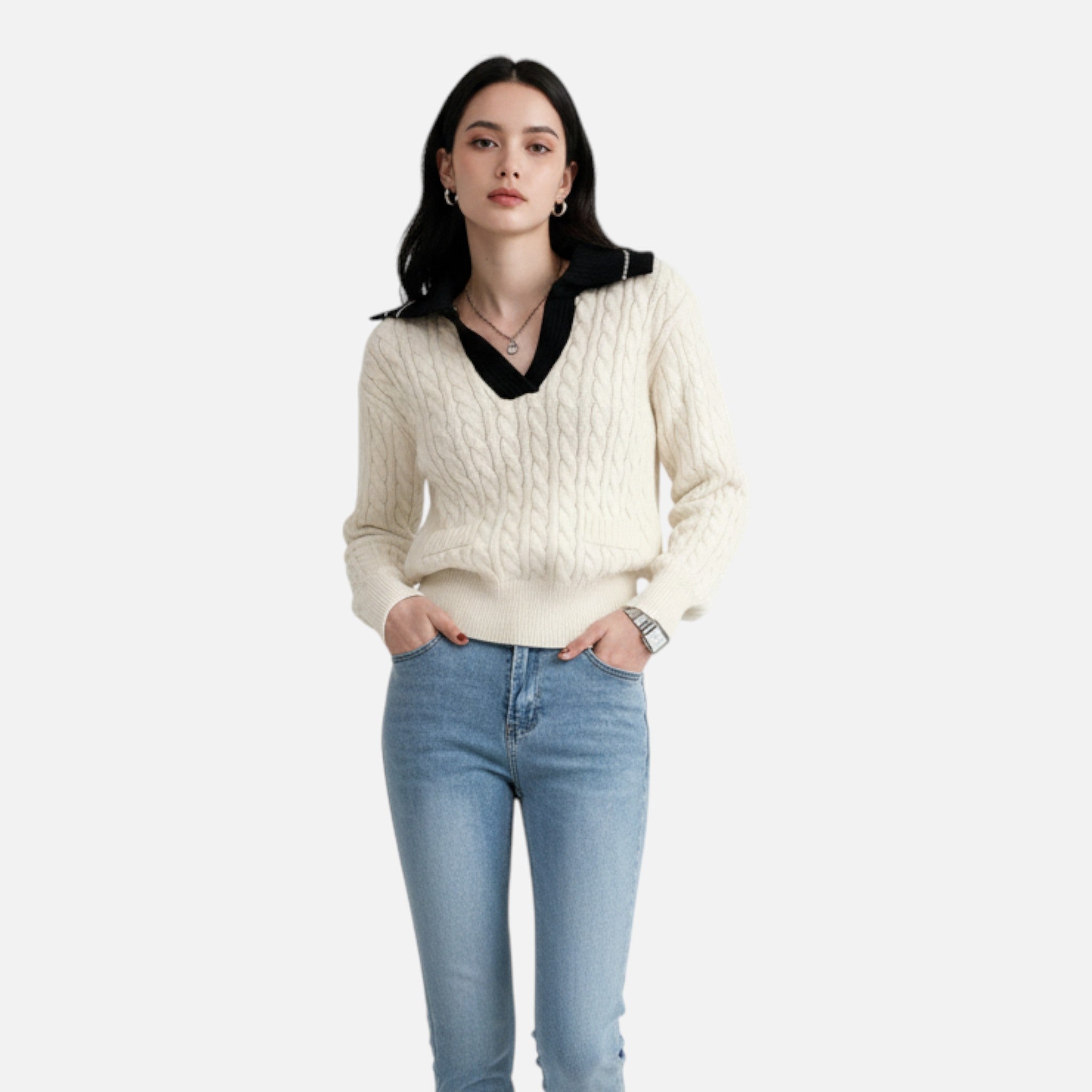 Belcien | Women’s V-Neck Wide Collar Sweater
