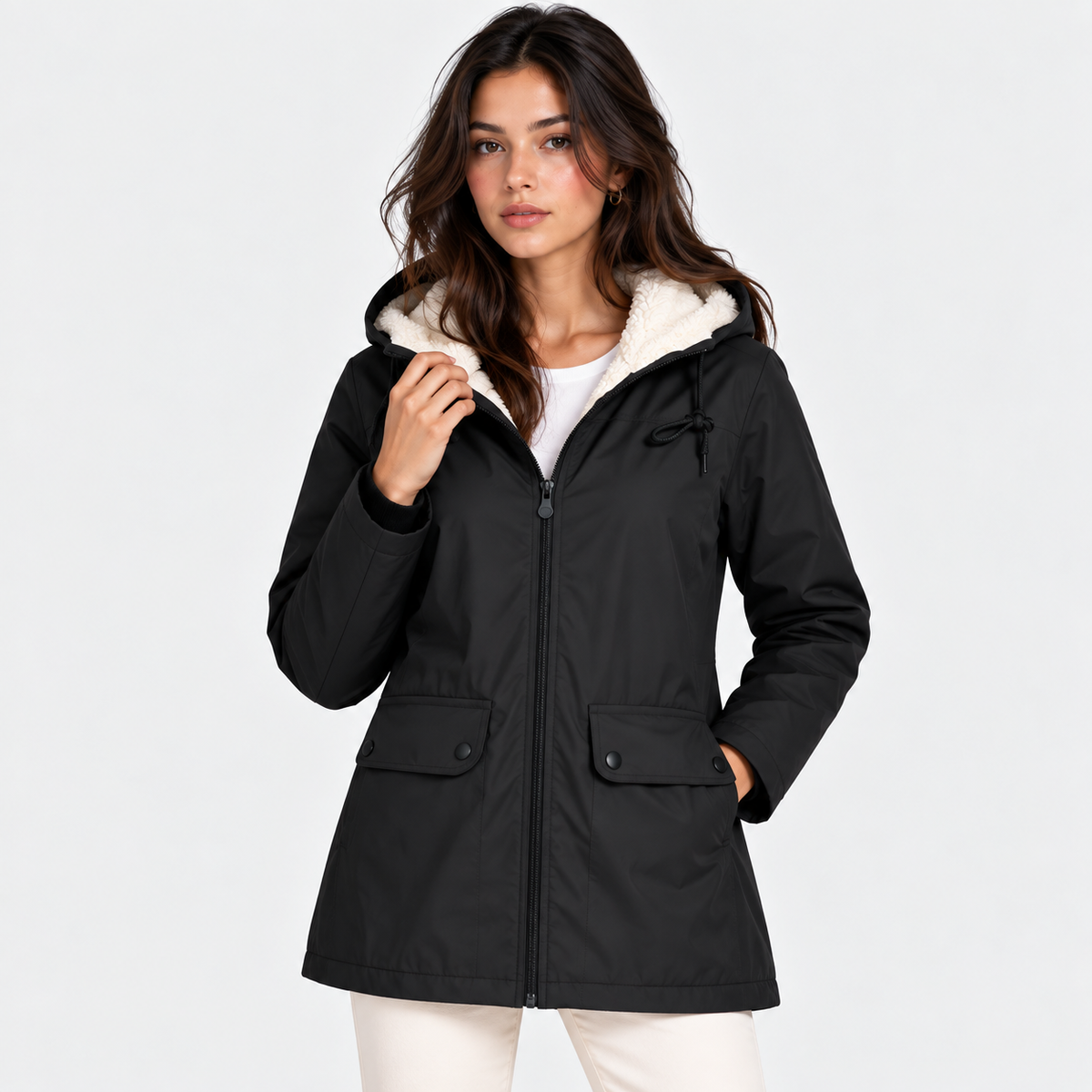 A woman wearing a black hooded parka jacket with a cream sherpa-lined hood, front zipper, and flap pockets, photographed against a clean light gray studio background.