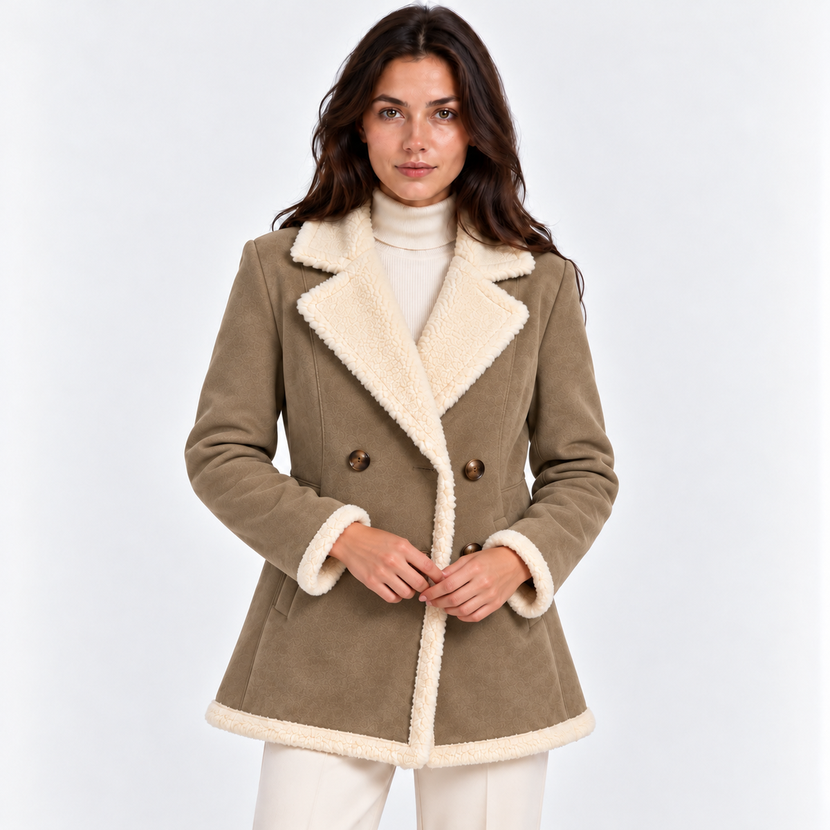 Women's taupe shearling coat with cream faux fur collar, button closure, and front pockets