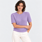 Women’s Cable Knit Short Sleeve Sweater – Crew Neck