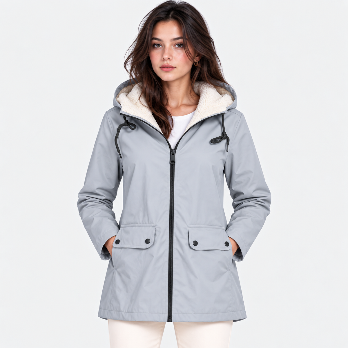 A woman wearing a light gray hooded parka jacket with a cream sherpa-lined hood, black zipper and drawstrings, and front flap pockets, photographed against a plain light gray studio background.