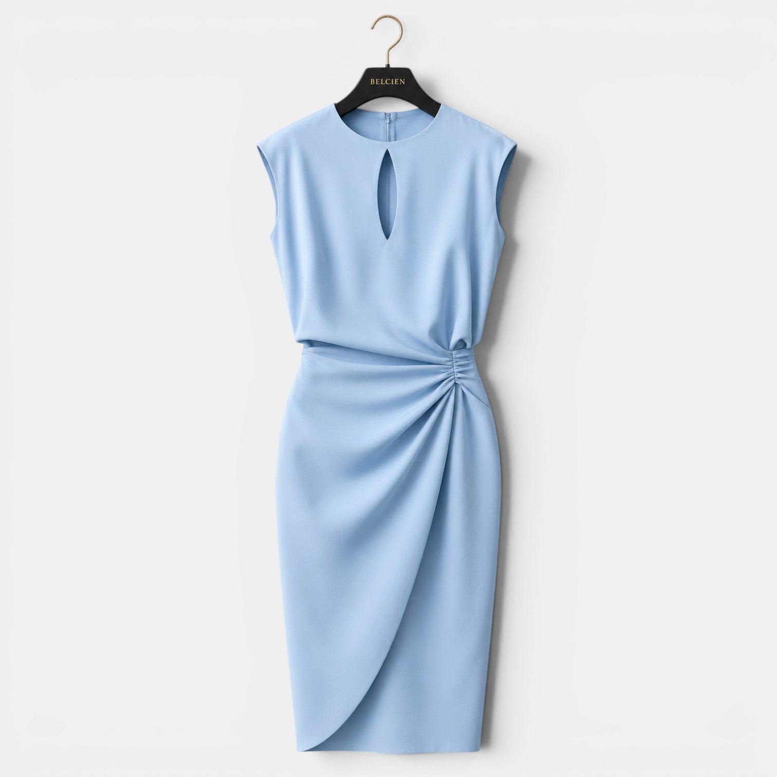 Light blue dress on a hanger against a white background