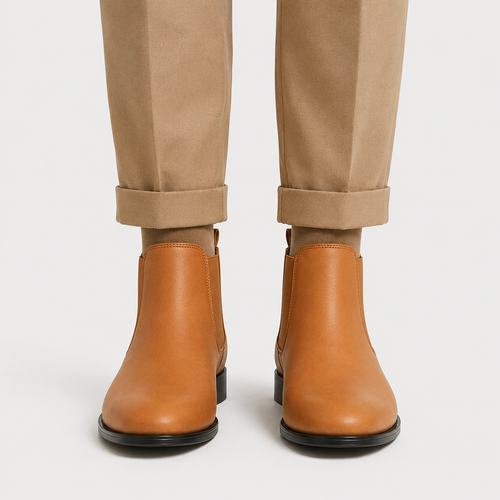 A pair of tan leather Chelsea boots worn with cuffed beige trousers, shown from the back against a light gray studio background.