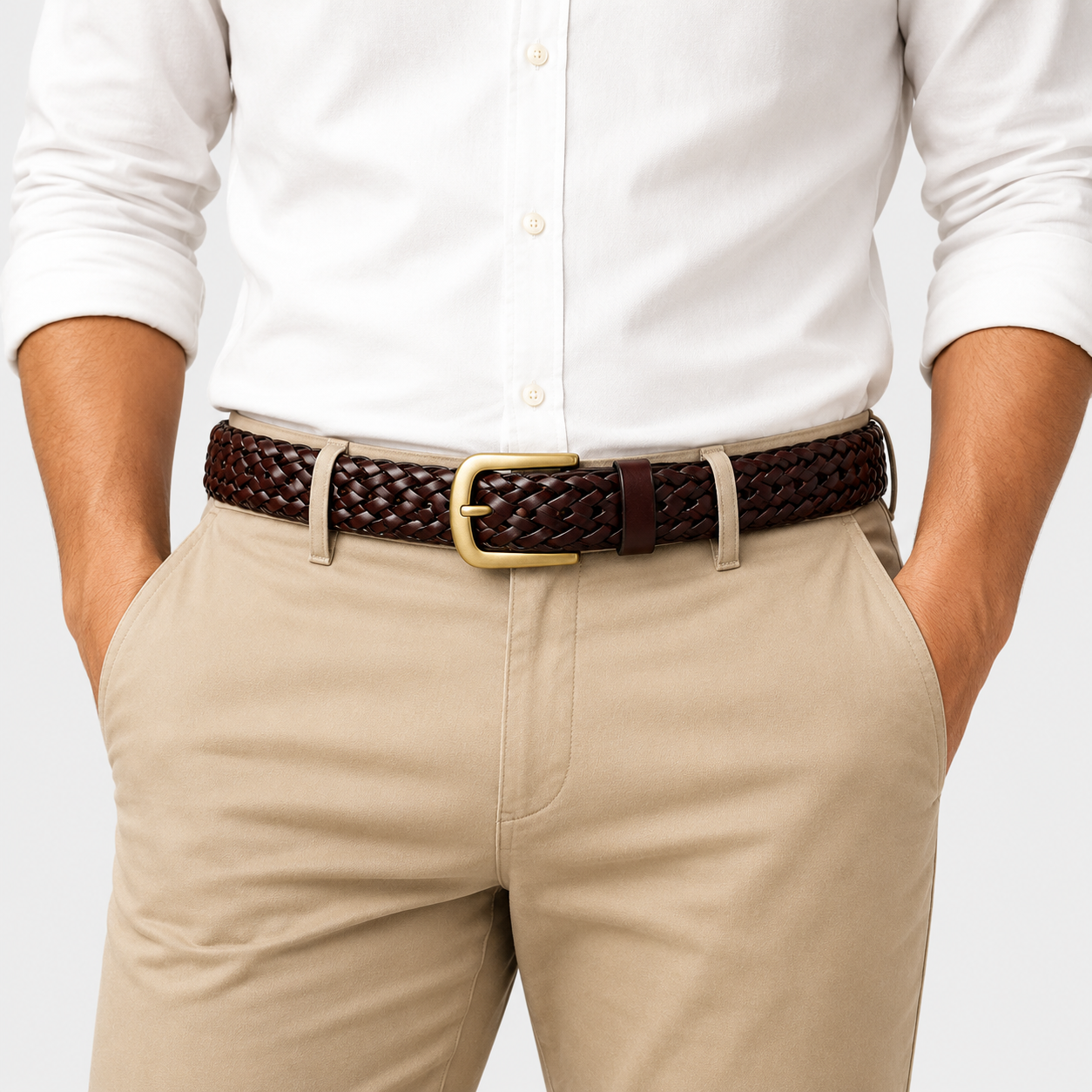 A close-up of a man wearing a dark brown braided leather belt with a gold-tone buckle, paired with khaki trousers and a white button-down shirt.