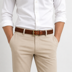 A man wearing a brown braided leather belt with a gold-tone buckle, styled with a white dress shirt and beige trousers against a light gray background.