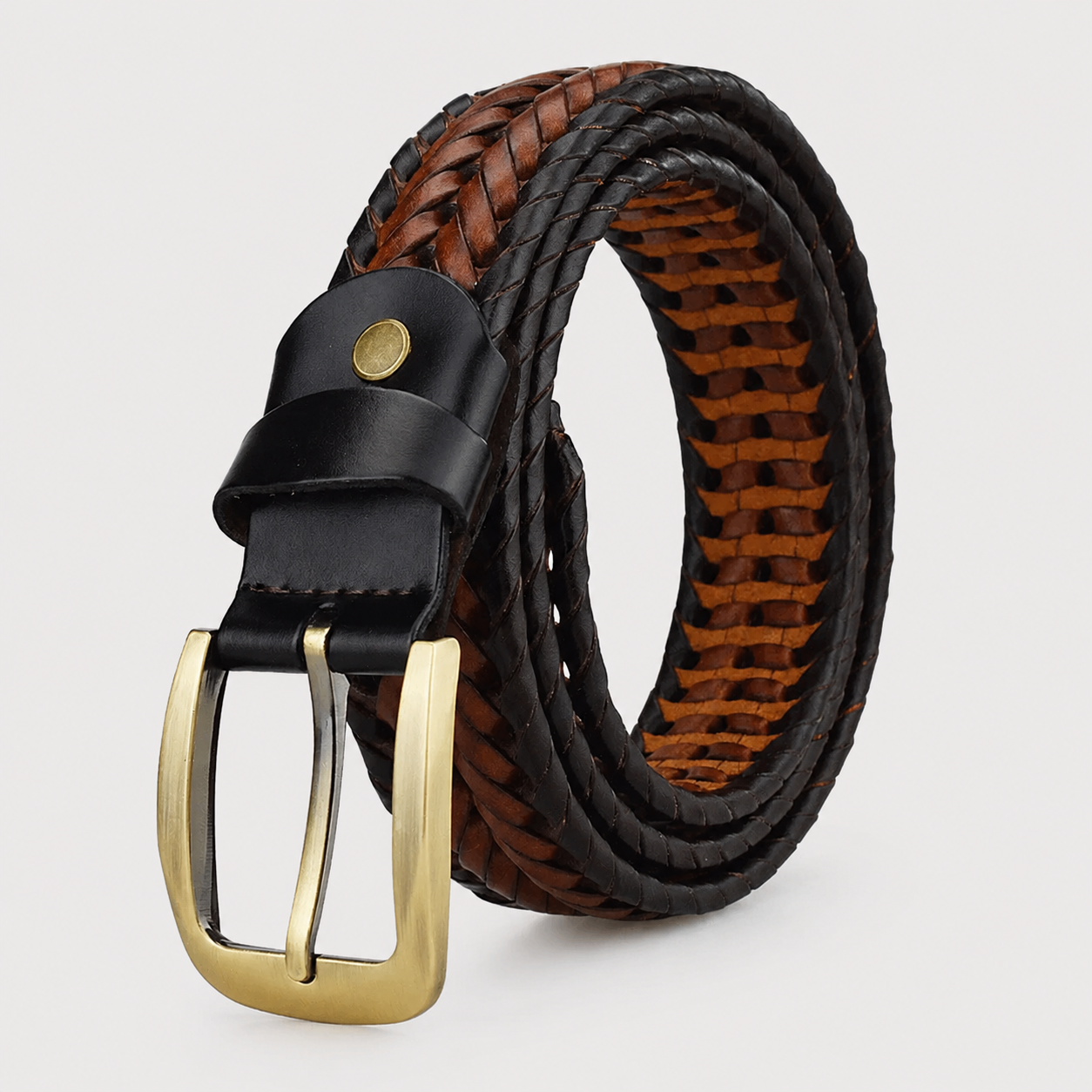 A braided leather belt with a brown and black woven pattern, a black keeper loop, and a gold-tone metal buckle, shown on a light gray background.