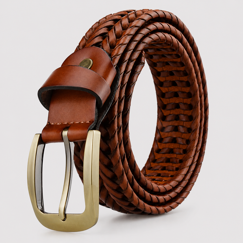 A brown braided leather belt with a polished gold-tone metal buckle, neatly coiled on a light gray background.