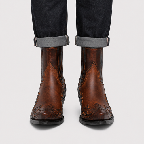 A pair of brown leather western chukka boots with embossed floral detailing on the toes, shown worn with dark cuffed jeans against a light gray background.