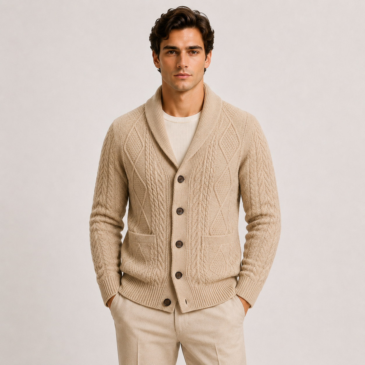 A man wearing a beige cable-knit cardigan sweater over a white t-shirt and beige trousers, standing against a light gray studio background.