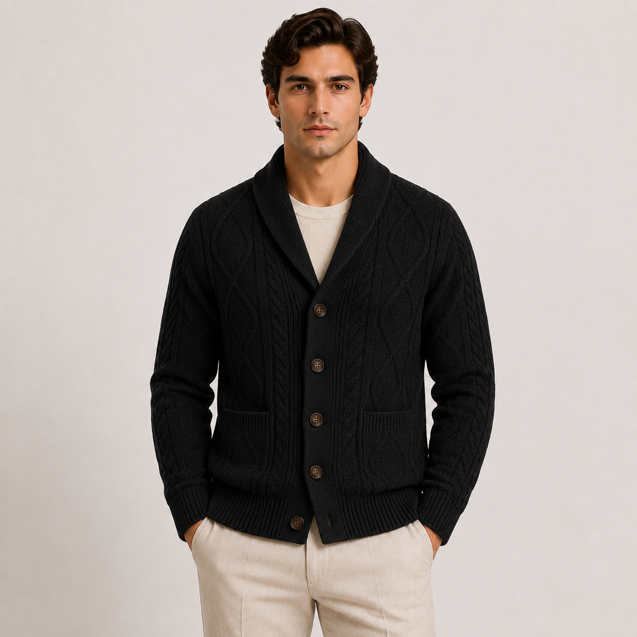 A man wearing a black cable-knit cardigan sweater with brown buttons, styled over a white t-shirt and cream-colored pants, standing against a light gray studio background.