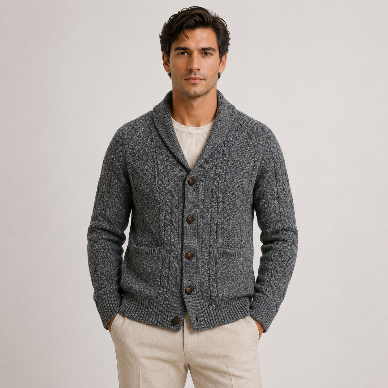 A man wearing a gray cable-knit cardigan sweater over a white t-shirt and beige pants, standing against a light gray studio background.