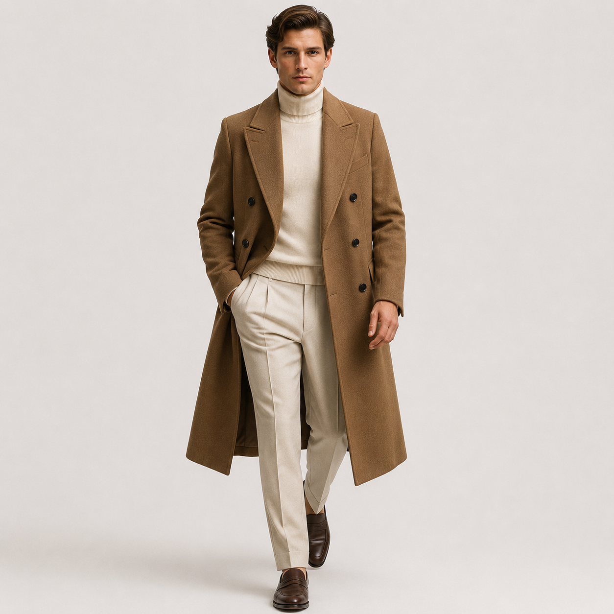 A man modeling a long brown double-breasted overcoat over a cream turtleneck sweater and cream trousers, walking against a light gray studio background.