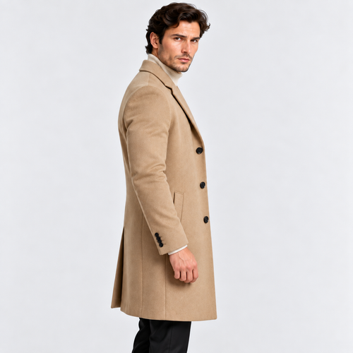 Side view of a man wearing a camel long wool blend overcoat
