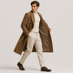 A man modeling a mid-length brown double-breasted overcoat over a cream turtleneck sweater, cream trousers, and dark brown leather shoes, set against a plain light gray studio background.