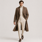 A male model walking in a studio wearing a mid-length brown double-breasted overcoat over a cream turtleneck sweater, cream trousers, and dark brown leather loafers, on a light gray background.