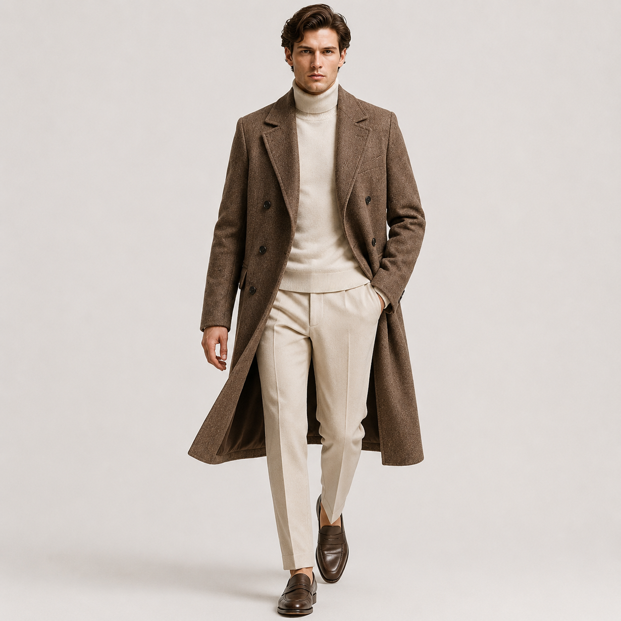 A male model walking in a studio wearing a mid-length brown double-breasted overcoat over a cream turtleneck sweater, cream trousers, and dark brown leather loafers, on a light gray background.