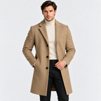Men's camel wool blend overcoat with button closure and notched lapels