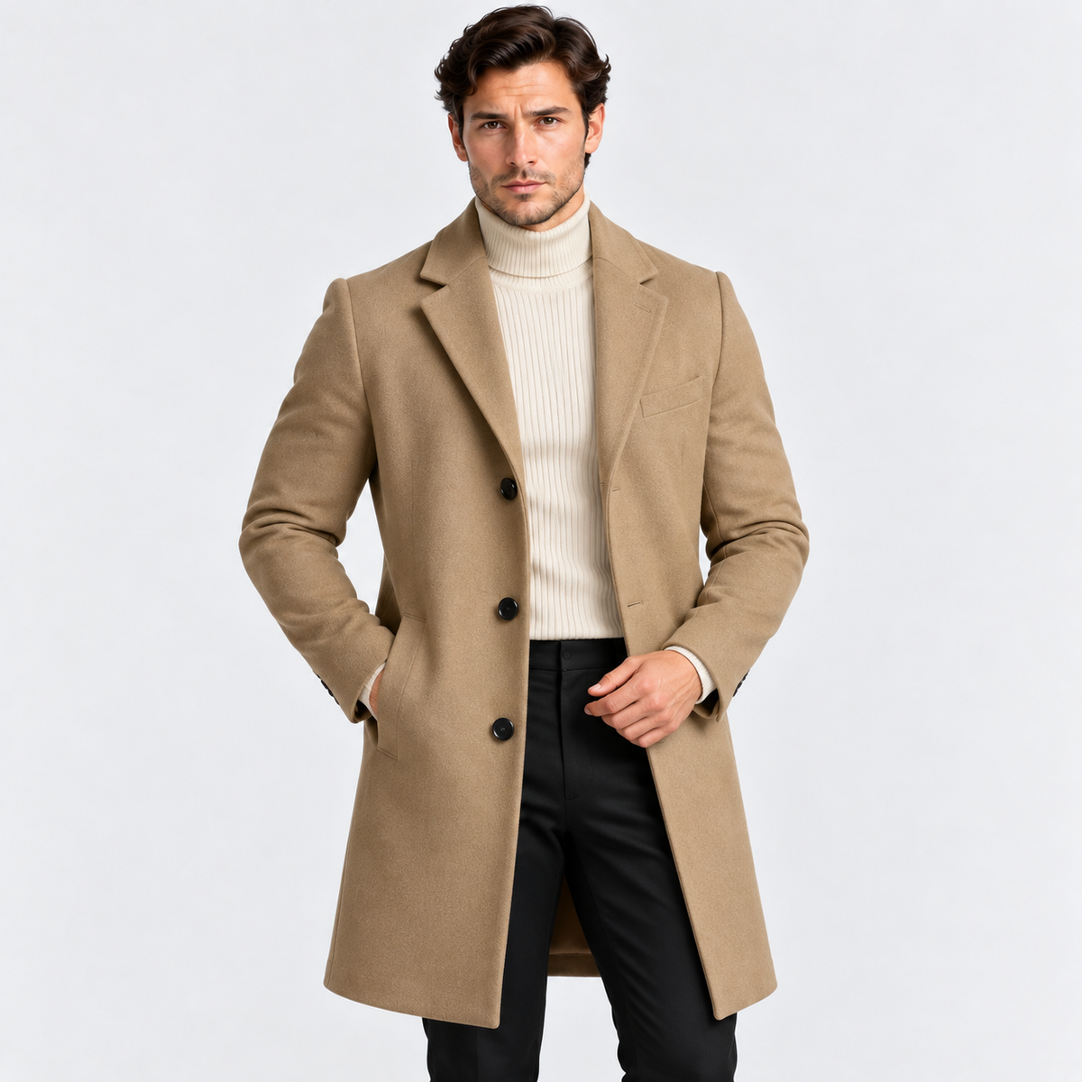 Men's camel wool blend overcoat with button closure and notched lapels