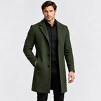 Men's dark green long overcoat styled with a black turtleneck and trousers