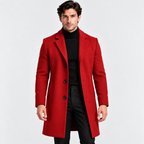 Men's red long overcoat styled with a black turtleneck and trousers