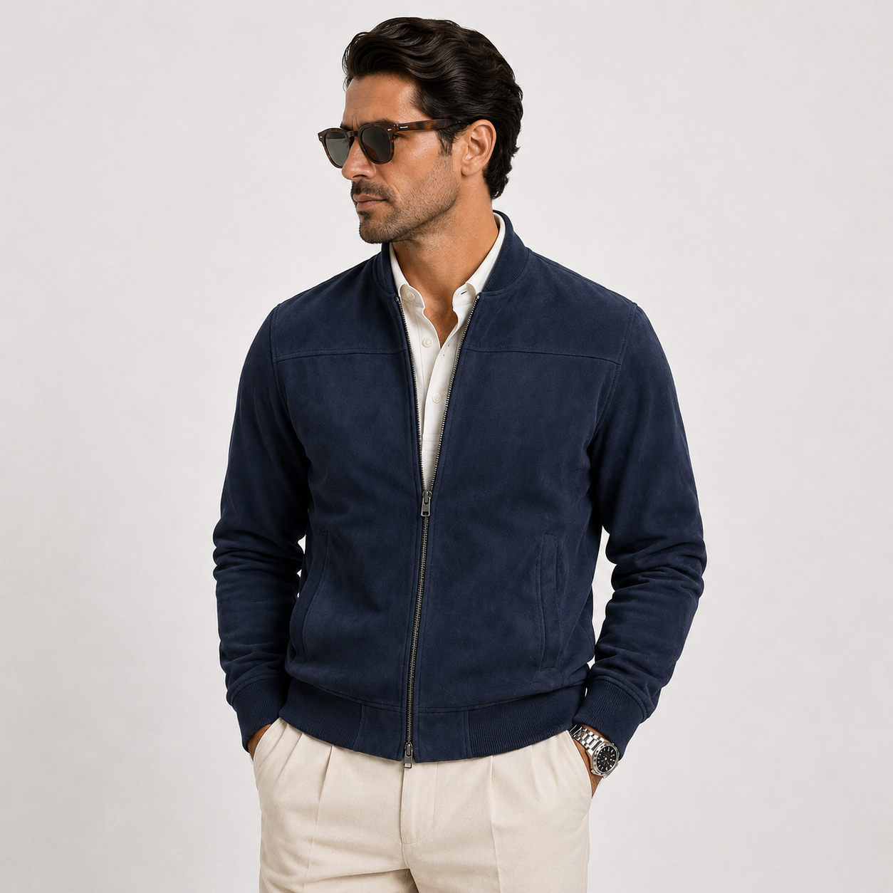 A man wearing a navy blue zip-up suede bomber jacket over a white collared shirt and cream trousers, photographed against a light gray studio background.