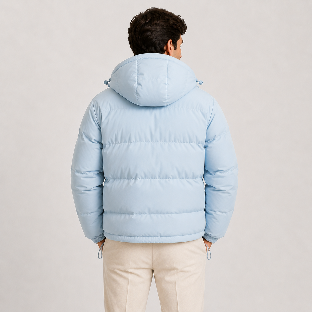 A man viewed from behind wearing a light blue hooded puffer jacket and cream-colored trousers, standing against a neutral light gray studio background.