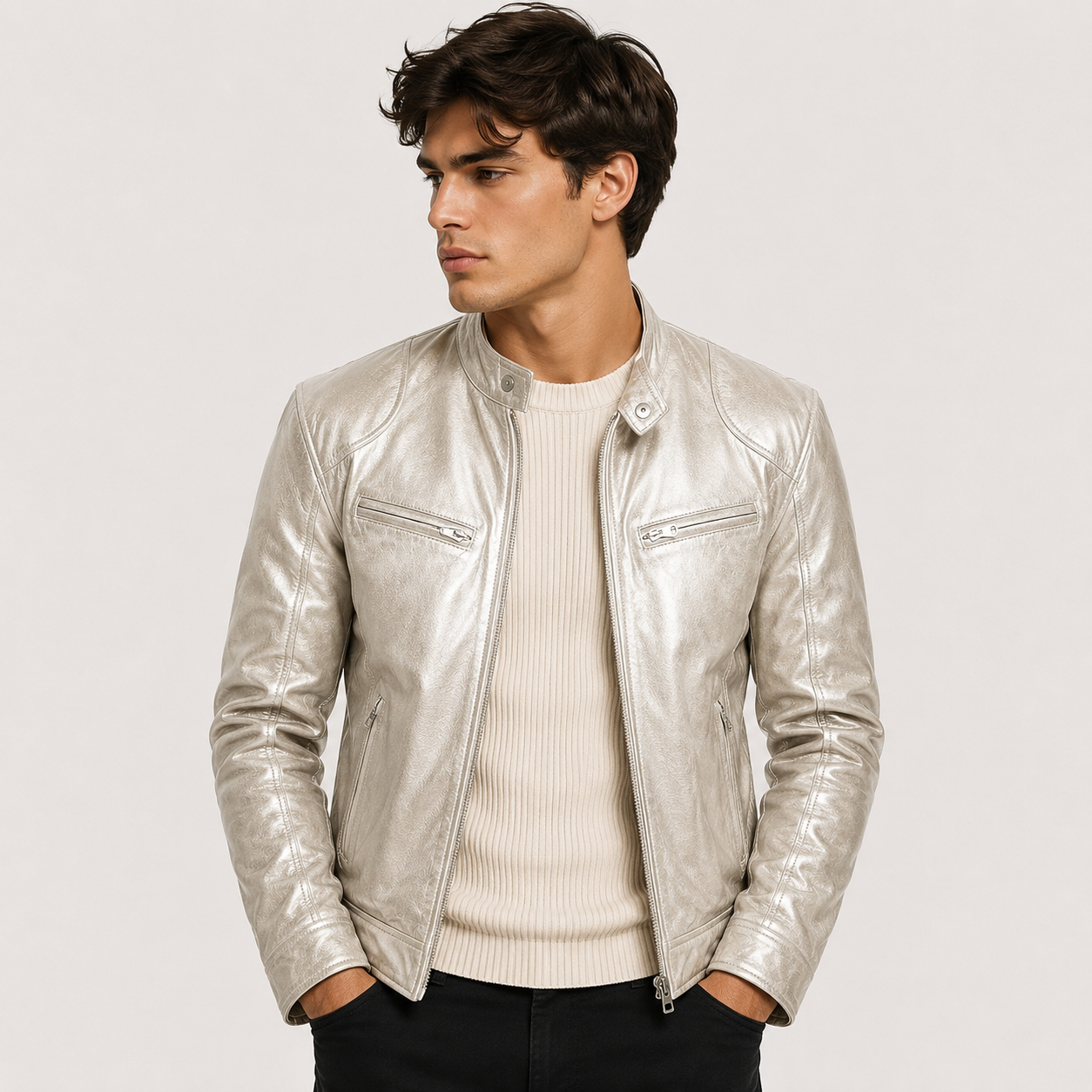 A man wearing a shiny light silver leather jacket over a cream ribbed sweater and black pants, photographed against a plain light gray studio background.