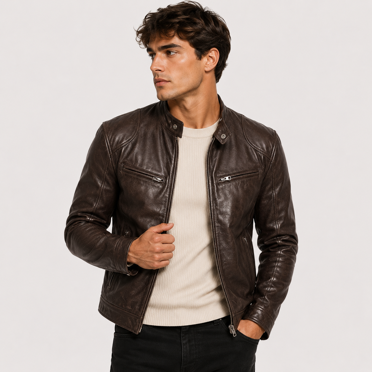 A man wearing a dark brown leather motorcycle jacket over a cream ribbed sweater and black pants, photographed against a light gray studio background.