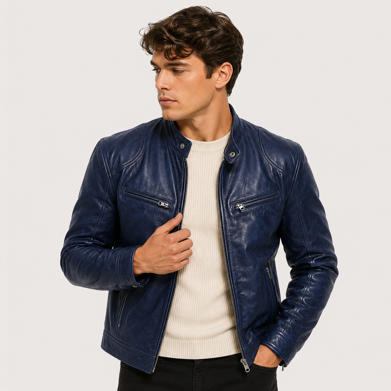 A man wearing a dark blue leather jacket over a cream ribbed sweater and black pants, photographed against a light gray studio background.