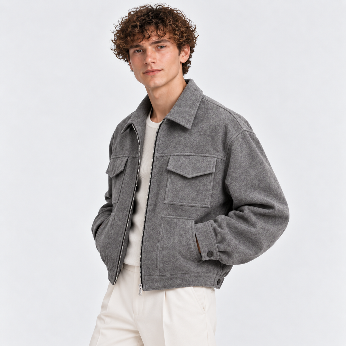 Side view of a man wearing a gray zip-up jacket with flap chest pockets and white trousers