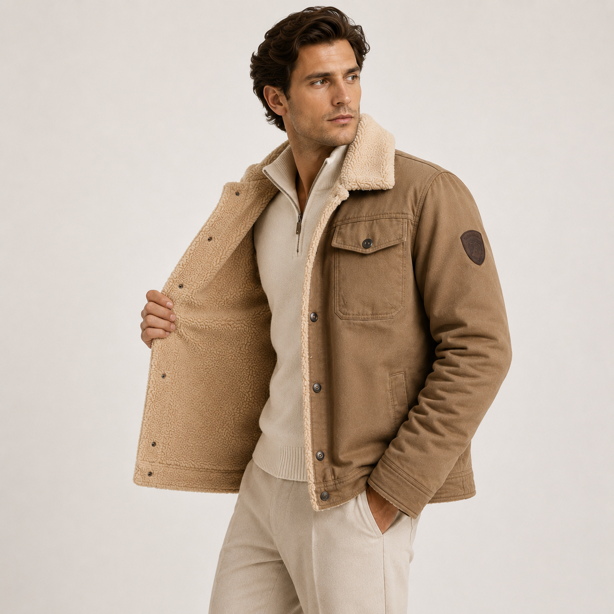 A man wearing a tan sherpa-lined jacket over a cream zip-up sweater and light beige trousers, standing against a plain light gray studio background.