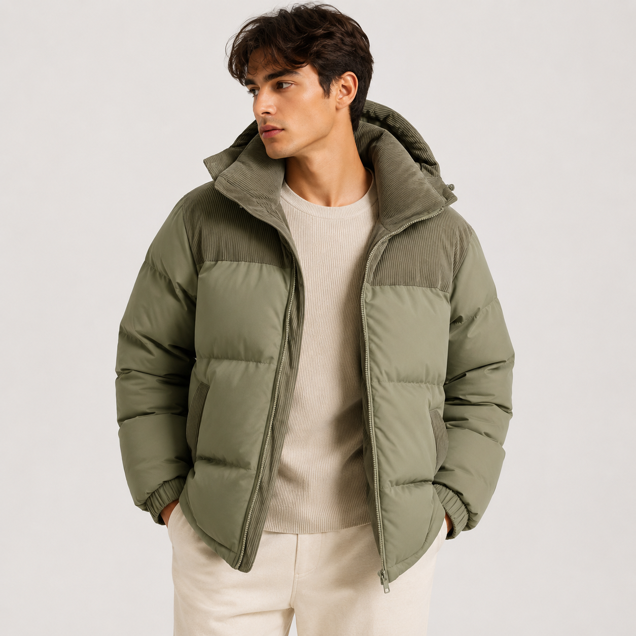 A man wearing a sage green hooded puffer jacket over a cream ribbed sweater and cream trousers, photographed against a clean light gray studio background.