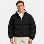 Men's black quilted puffer jacket with stand collar and front pockets