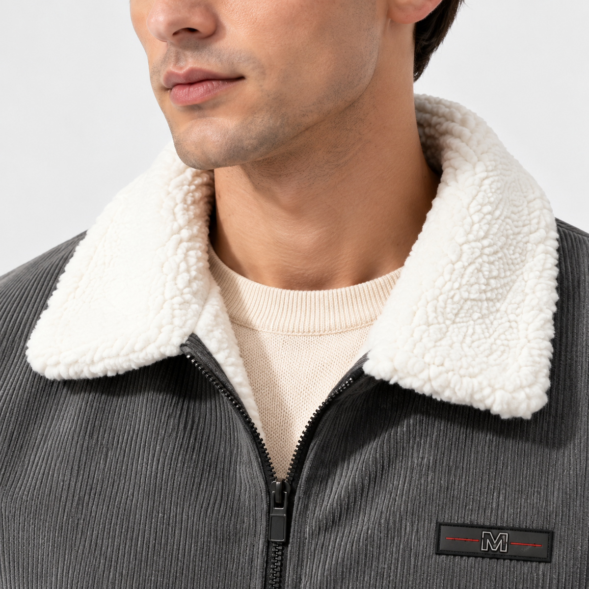 Close-up of men's gray jacket with white shearling collar and button details