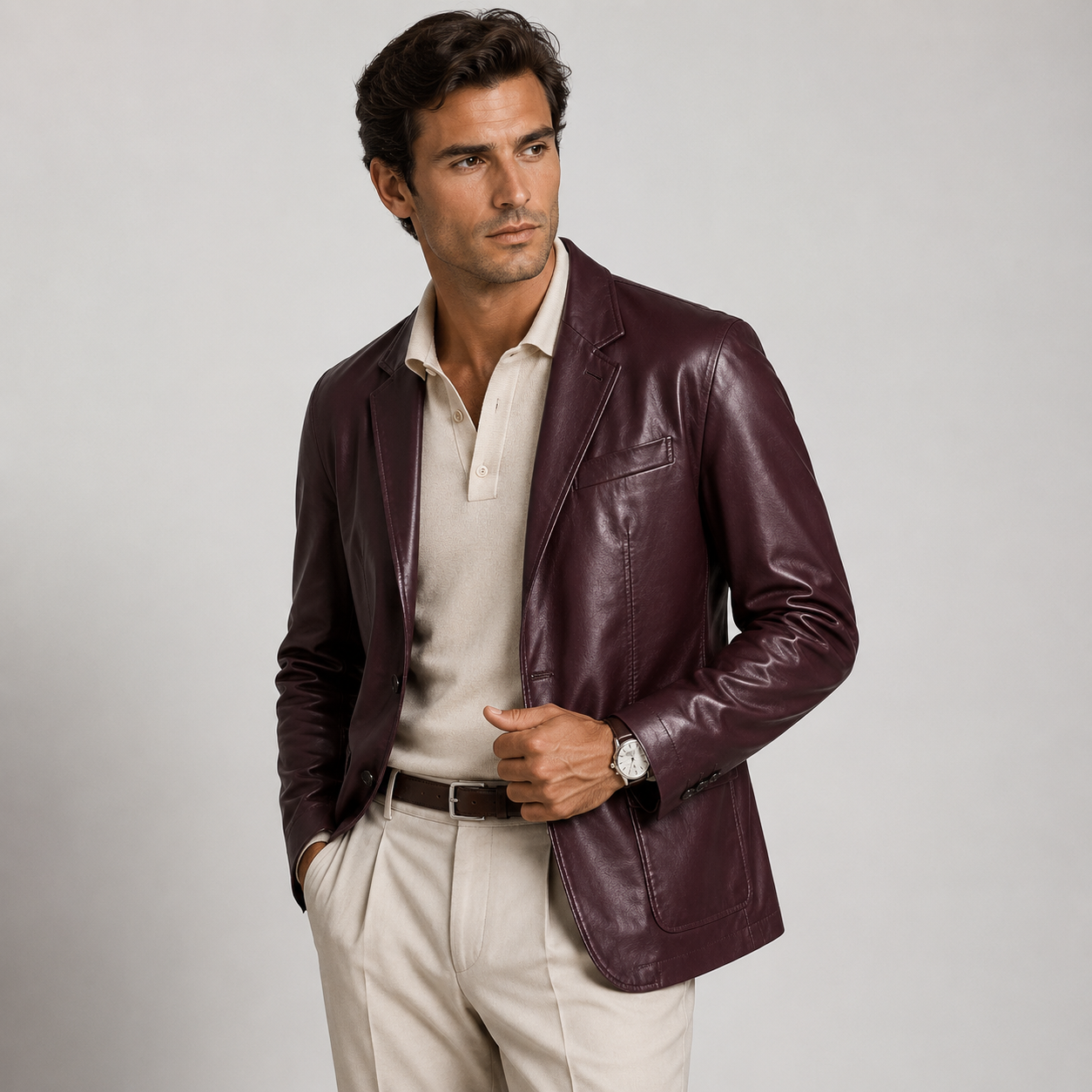 A man wearing a dark burgundy leather blazer over a cream polo shirt and cream trousers, standing against a light gray studio background.