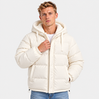 Men's white quilted puffer jacket with hood and front zipper