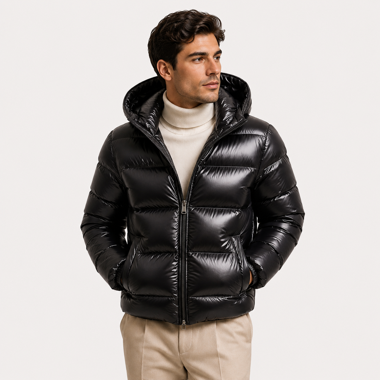 A man wearing a shiny black hooded puffer jacket over a cream turtleneck sweater and beige trousers, photographed against a plain light gray studio background.