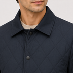 Close-up of a man wearing a dark navy quilted jacket with a collar and snap-button front, layered over a light beige knit shirt.