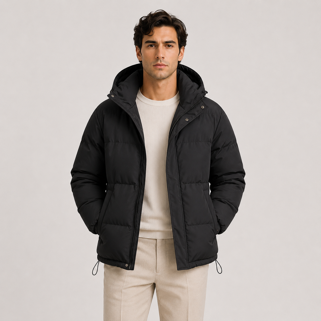 A man wearing a black hooded puffer jacket over a cream crewneck sweater and beige trousers, standing against a light gray studio background.