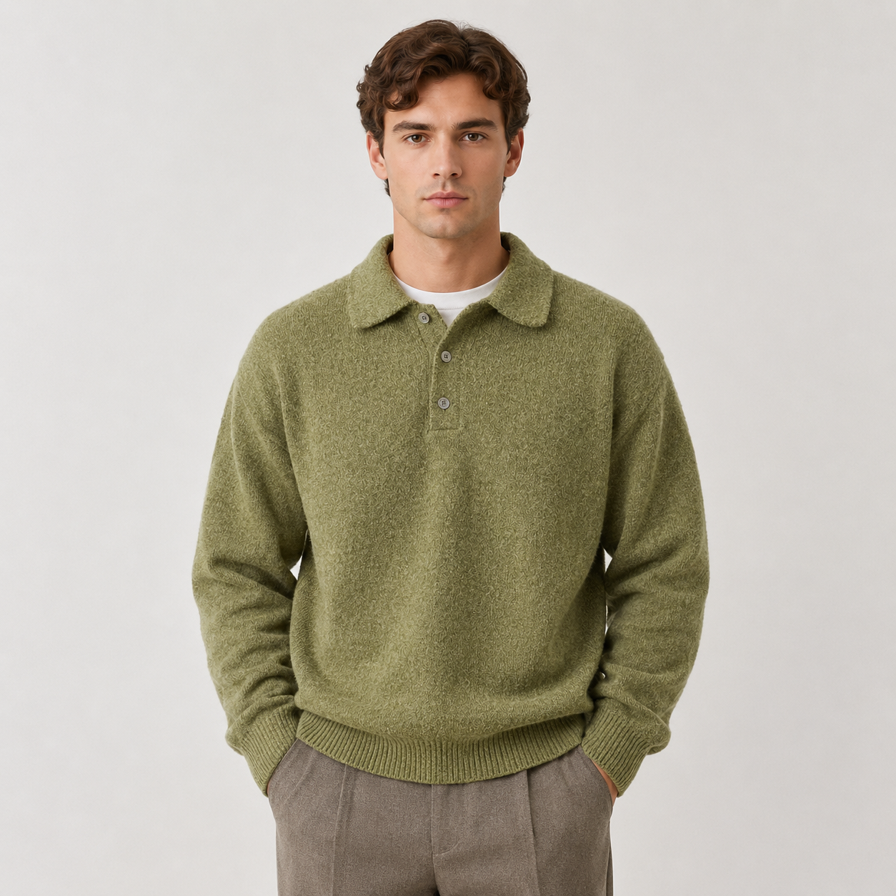 A man wearing a textured olive green knit polo sweater over a white t-shirt and gray trousers, standing against a light gray studio background.