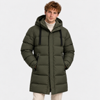 Men's dark olive green long puffer coat with hood, quilted design, and front pockets