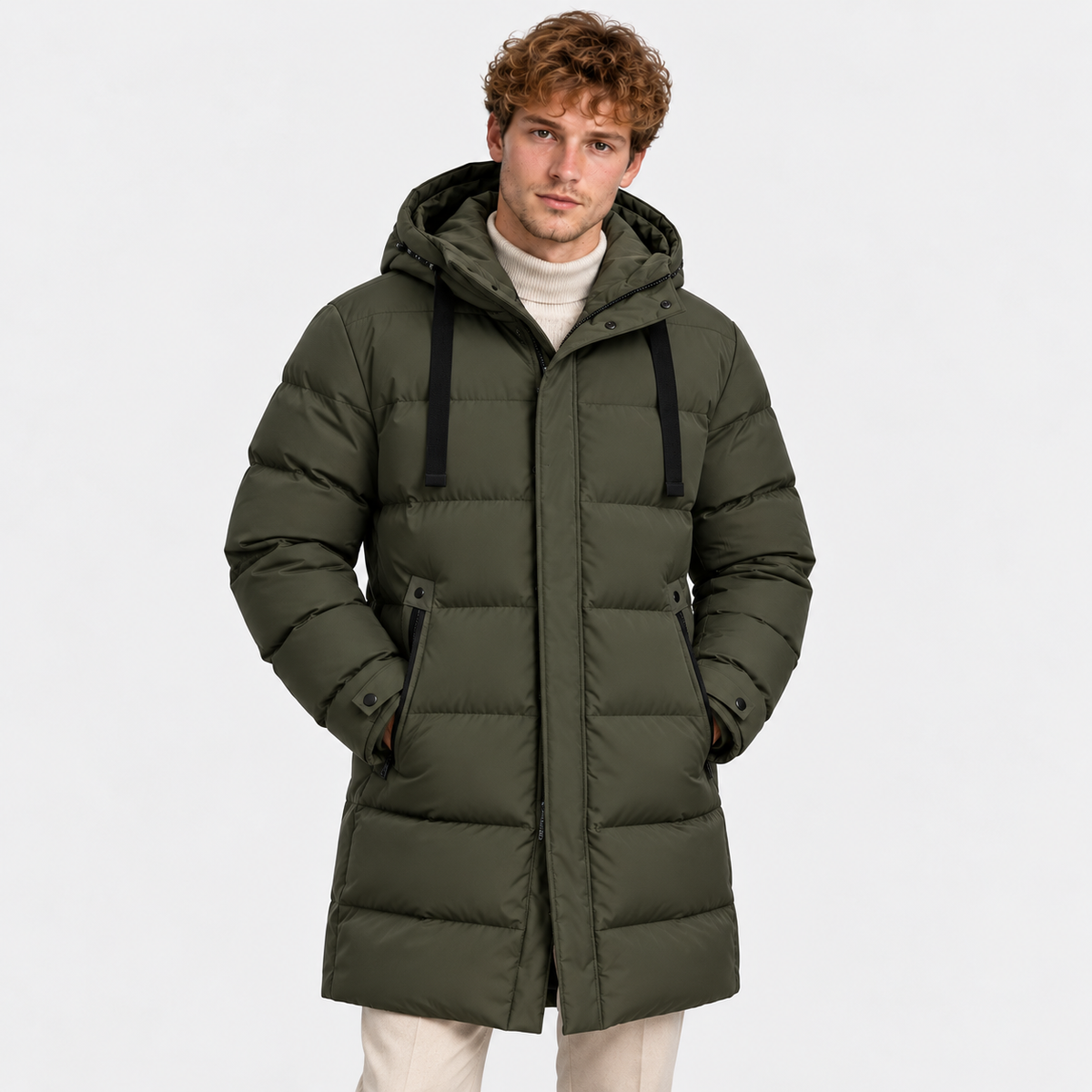 Men's dark olive green long puffer coat with hood, quilted design, and front pockets