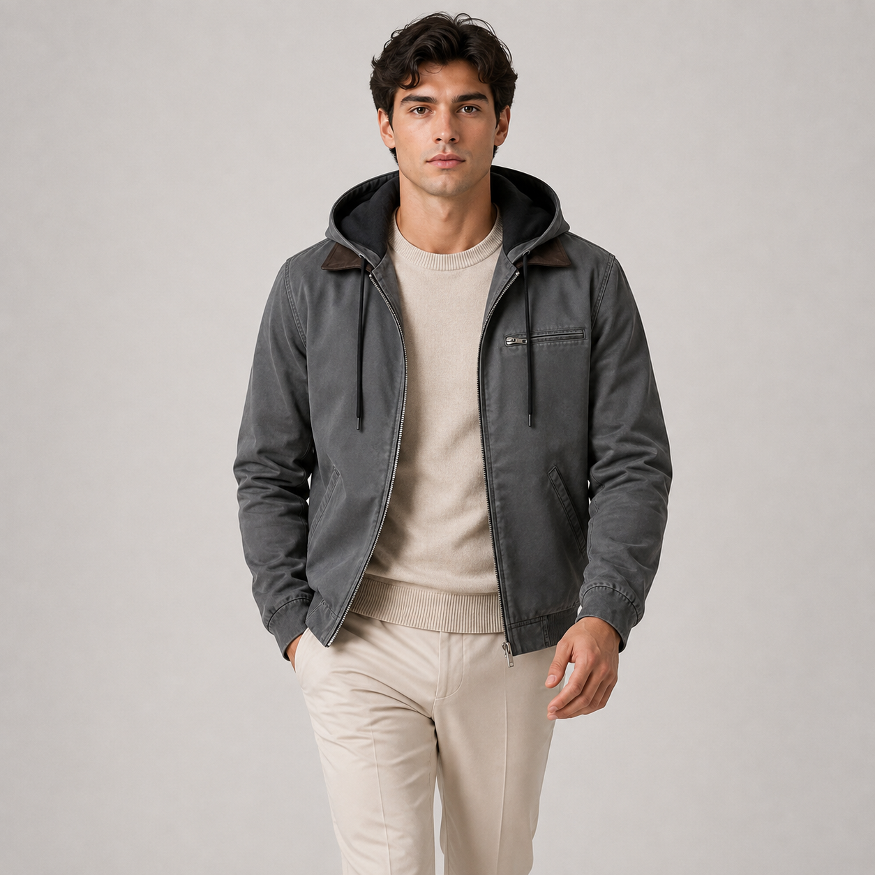 A man wearing a dark gray hooded jacket with brown collar details, layered over a beige crewneck sweater and cream pants, standing against a neutral gray studio background.