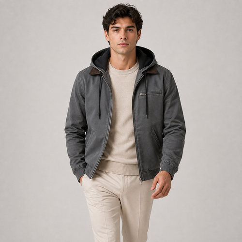 A man wearing a dark gray hooded jacket with brown collar details, layered over a beige crewneck sweater and cream pants, standing against a neutral gray studio background.